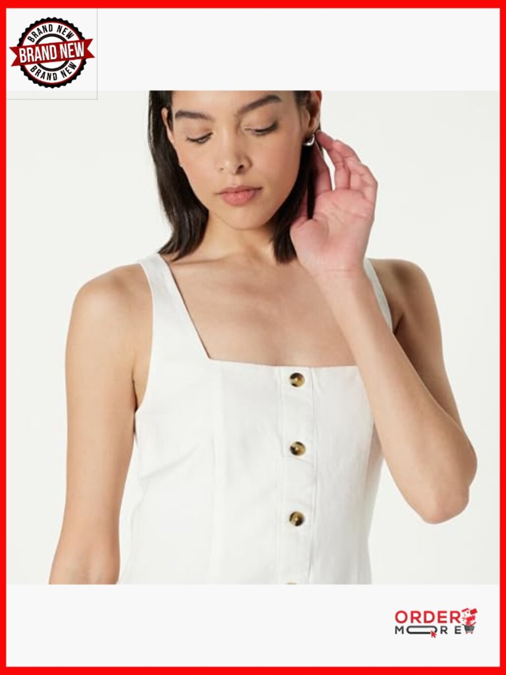Button Down Linen Mini Dress A-Line Sleeveless Regular Fit - Picture 3 of 7